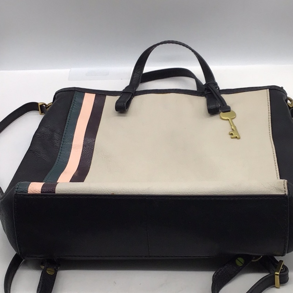 Fossil Multi-Color Stripe Black Beige Pebble Leather Backpack - Picture 12 of 13